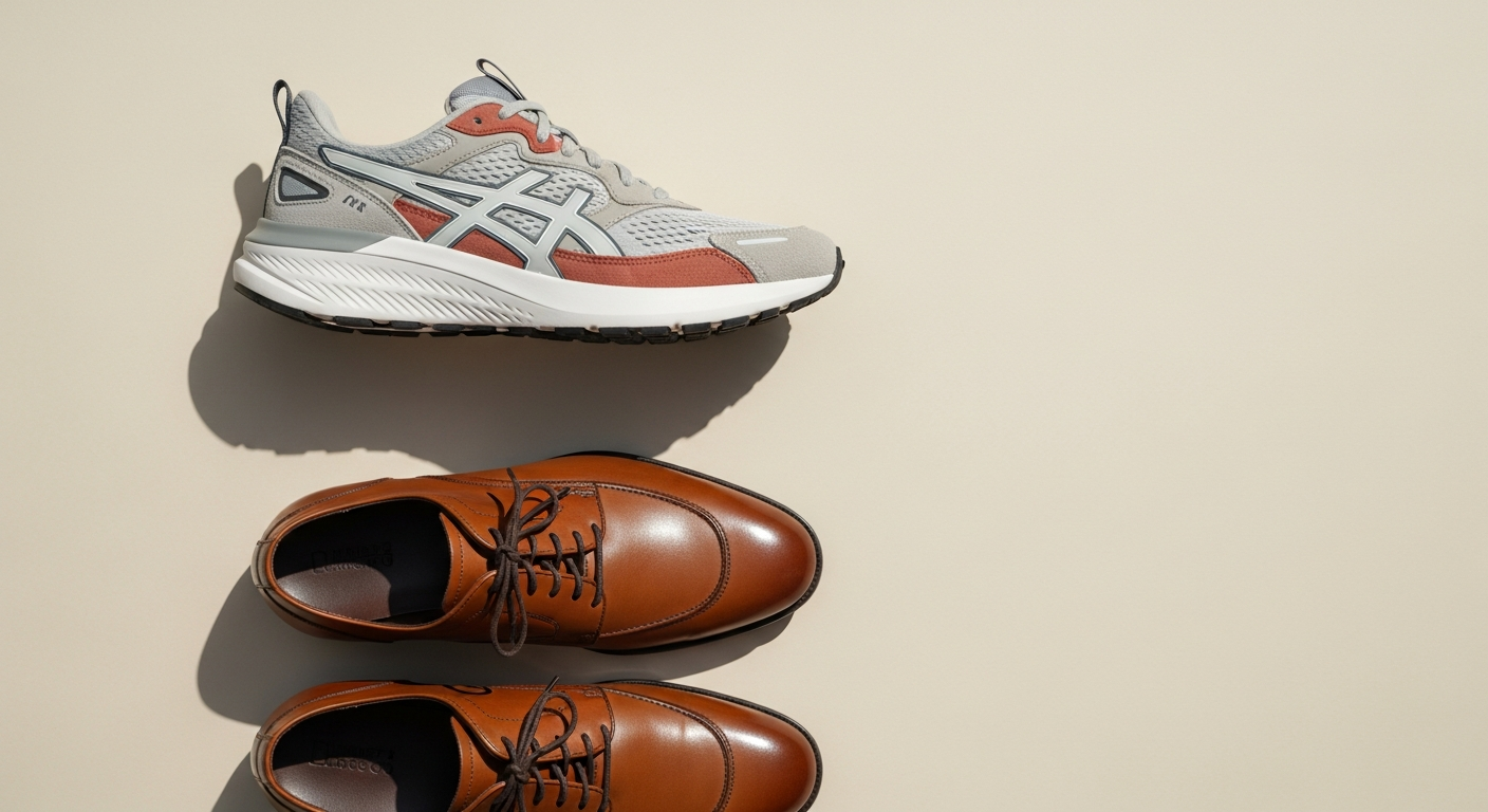 Running shoes and leather dress shoes on a warm neutral background