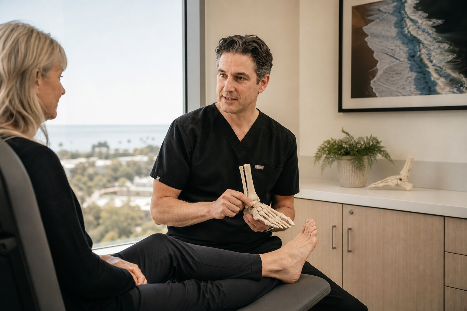 Physician examining a patient in a bright, calm medical office