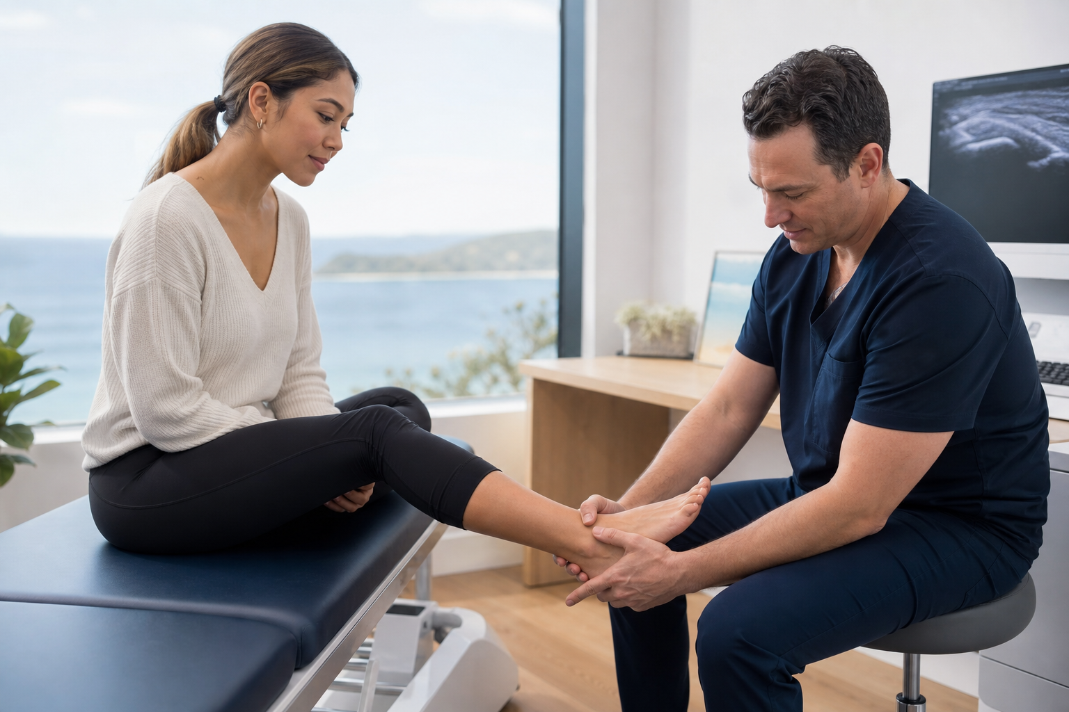 Physician examining a patient in a bright, calm medical office