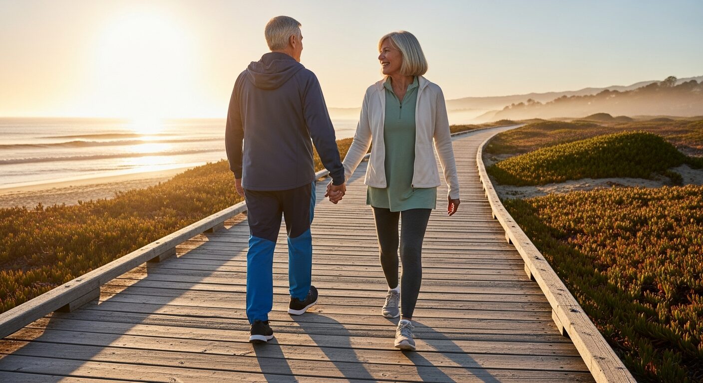 An active older couple walking together outdoors