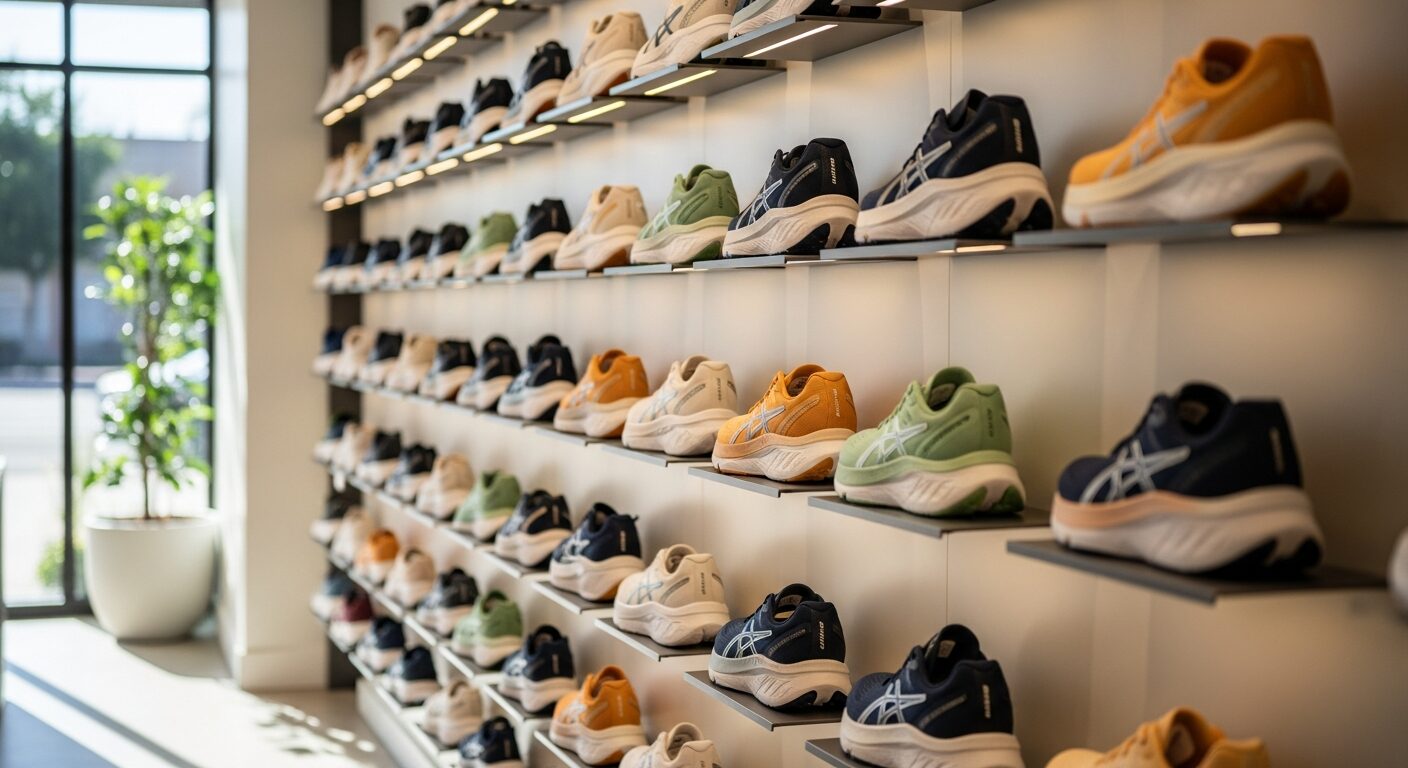 A wall of running shoes at a specialty store