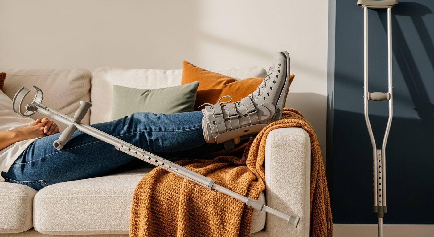 A person recovering at home with crutches