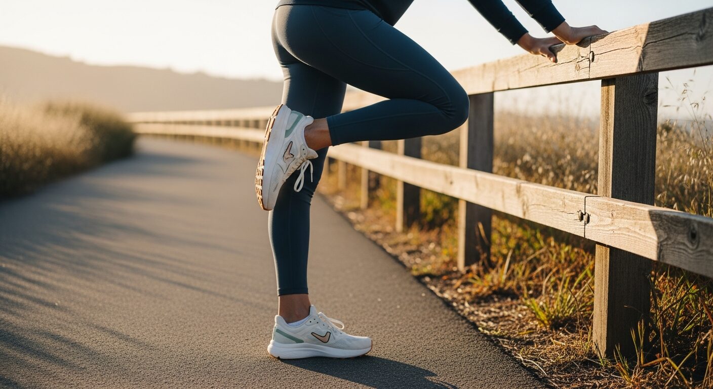 A calf and foot stretch being performed