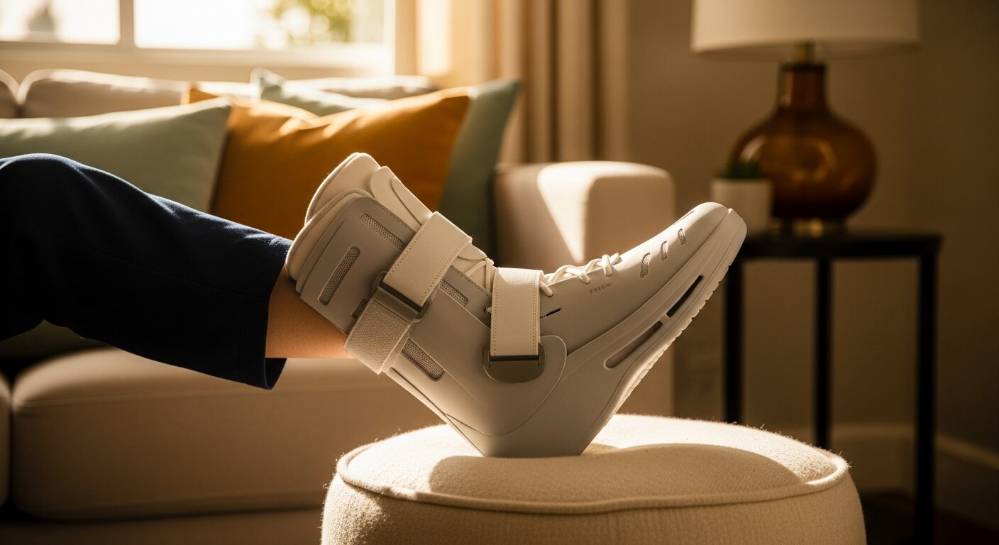 A foot in a post-surgical walking boot