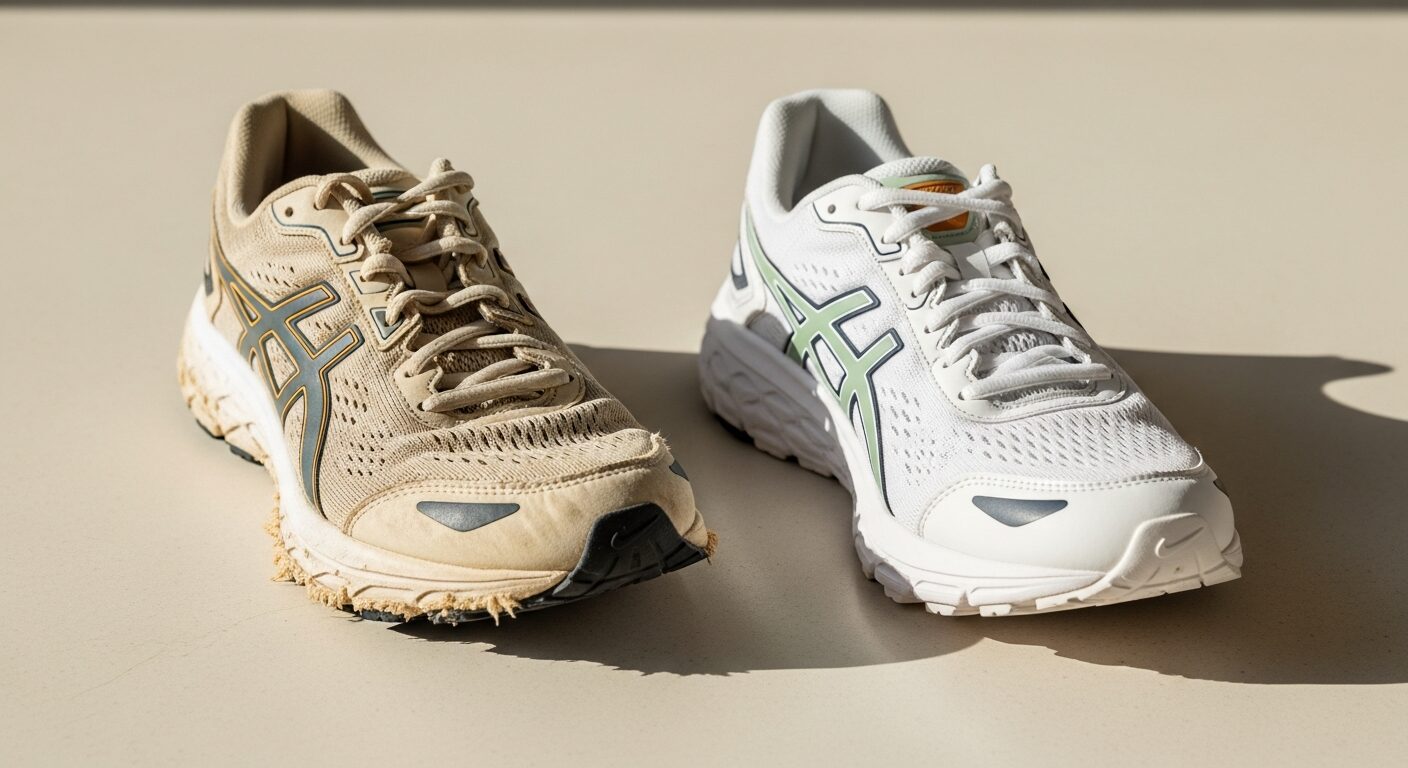 A worn pair of running shoes showing heavy tread wear
