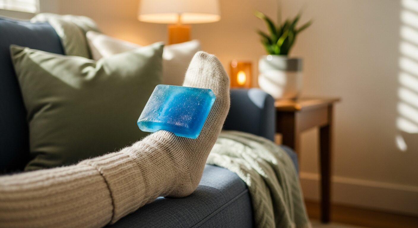 A foot resting with an ice pack