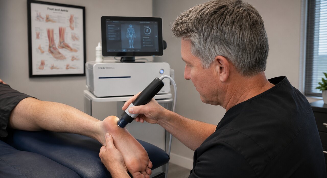 Dr. O'Carroll delivering extracorporeal shockwave therapy to a patient's heel